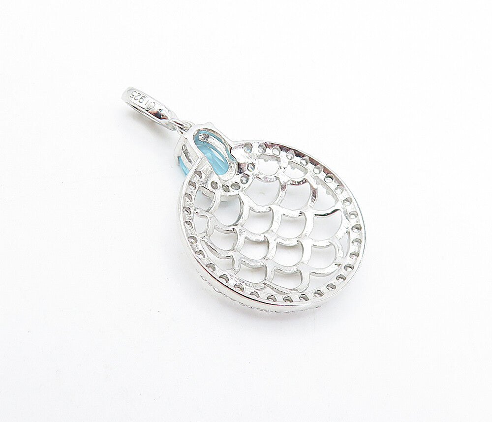 925 Sterling Silver  Blue & White Topaz Shiny Open Design Drop Pendant  PT5220