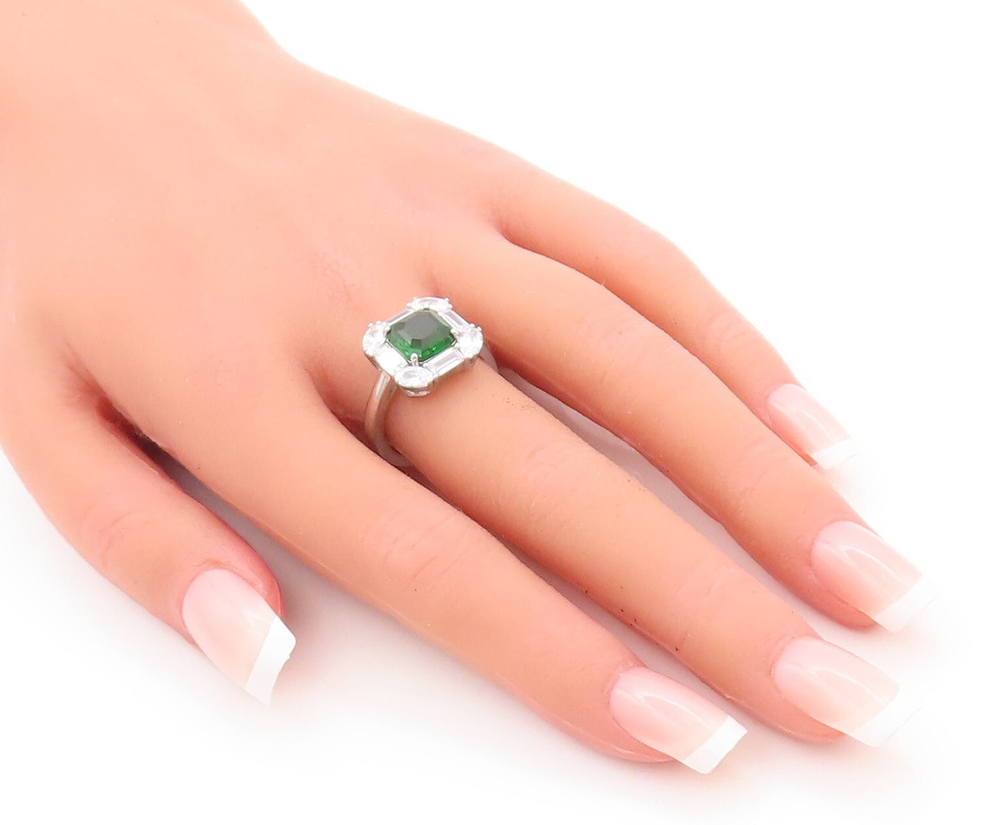 925 Sterling Silver Vintage Ring Green Square Cut Halo White Topaz  Sz 7 RG29542