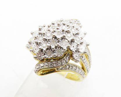925 Silver  Genuine Diamonds Cluster Two Tone Cocktail Ring Sz 7  RG13385