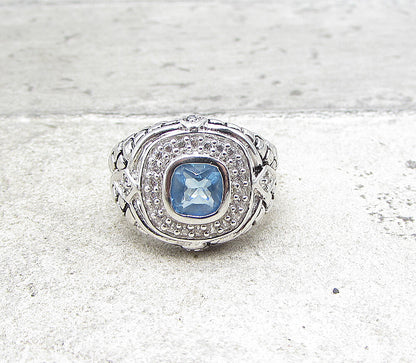 925 Silver  Blue Topaz & White Cubic Zirconia Cocktail Ring Sz 6  RG1584