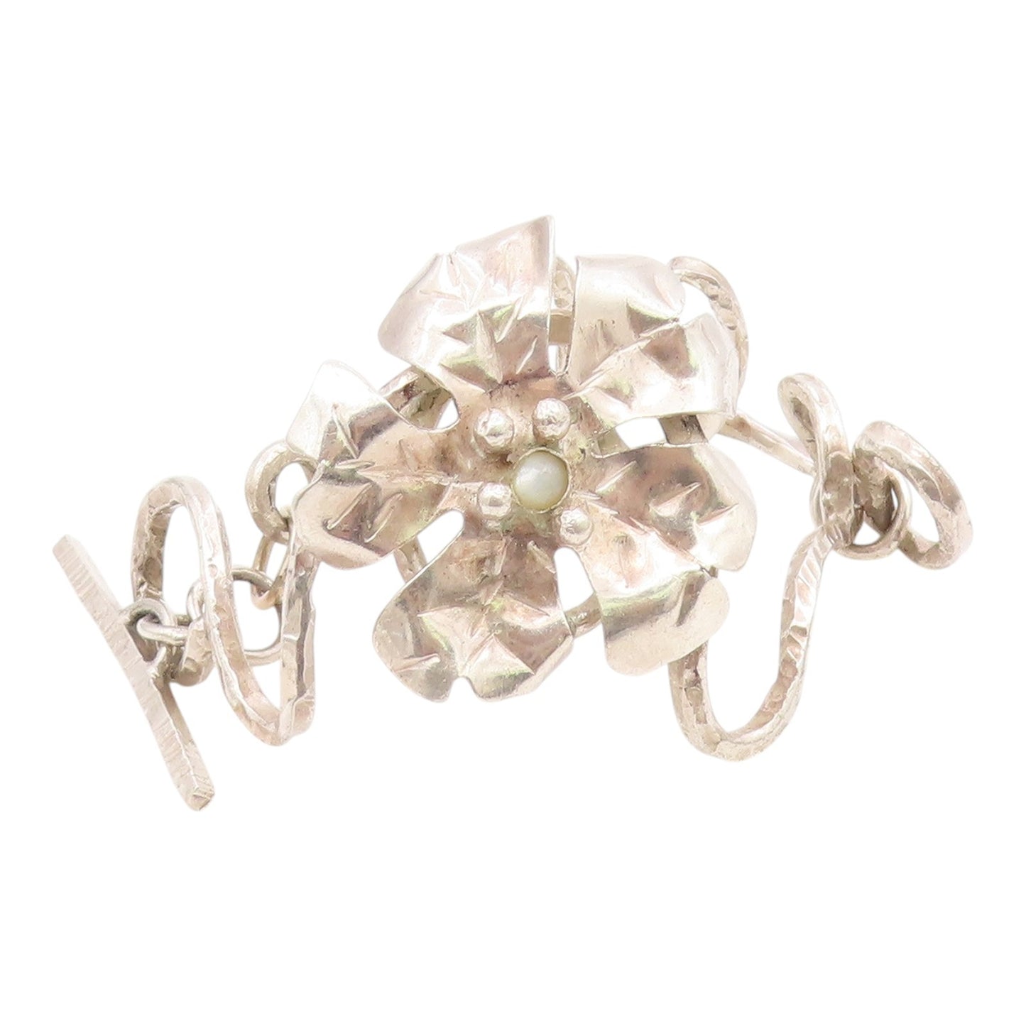 925 Sterling Silver  Vintage Mother Of Pearl Flower Chain Bracelet  BT8249