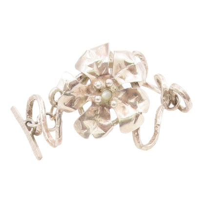 925 Sterling Silver  Vintage Mother Of Pearl Flower Chain Bracelet  BT8249