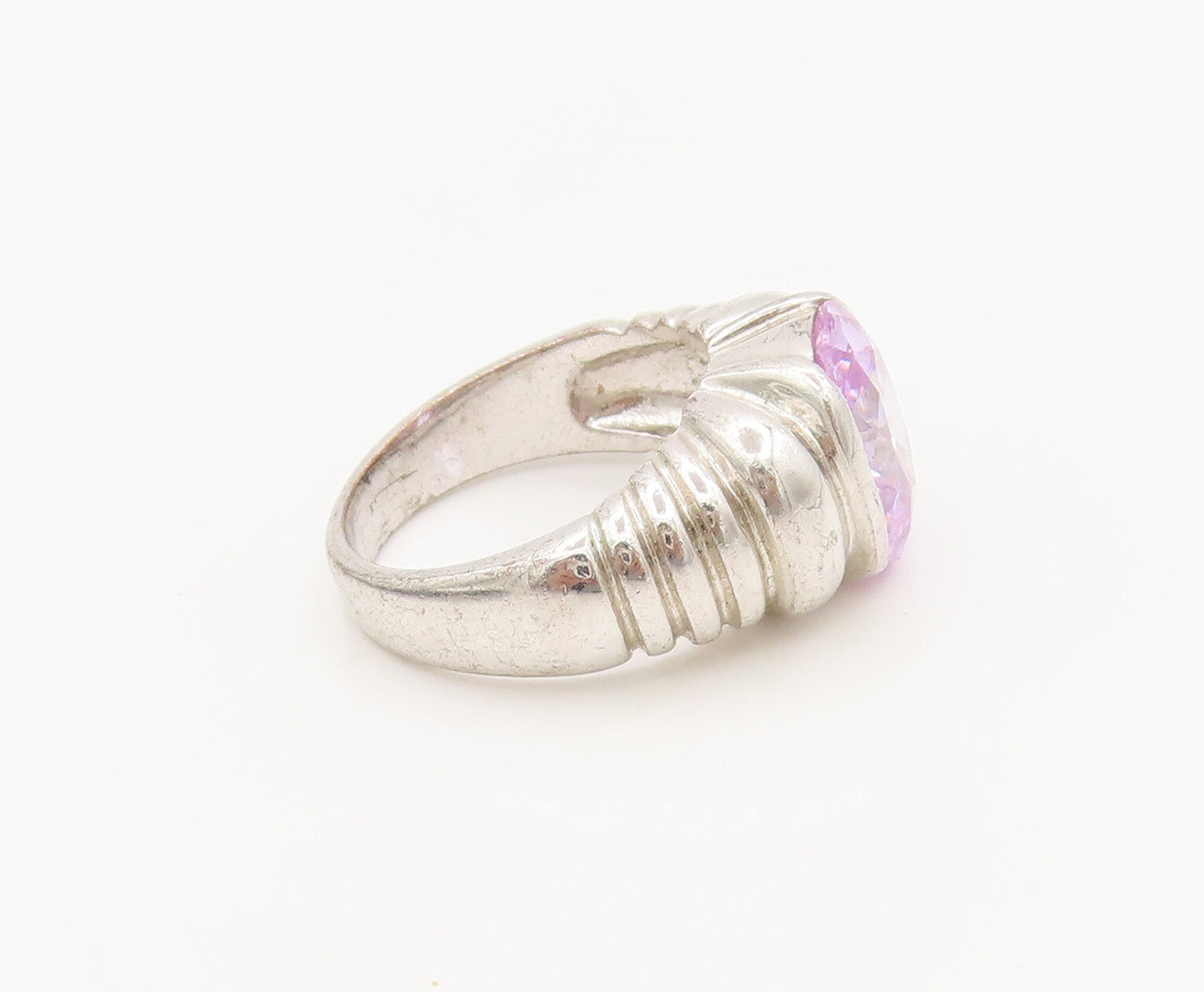 925 Sterling Silver  Vintage Solid Carved Purple Topaz Ring Sz 7.5  RG27376