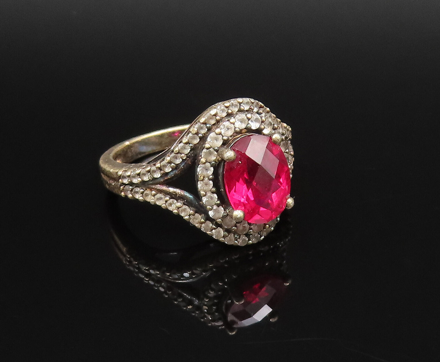 925 Sterling Silver  Vintage Fancy Red & White Topaz Halo Ring Sz 6  RG25891
