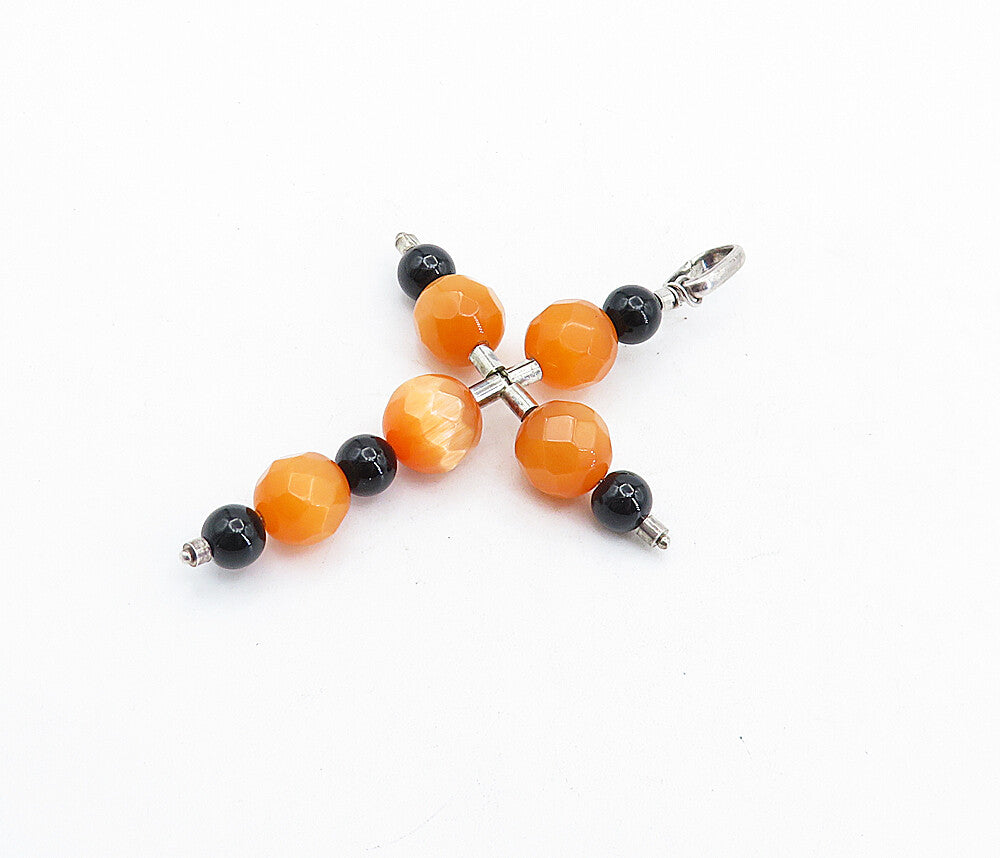 925 Sterling Silver  Black Onyx & Orange Cat's Eye Beaded Cross Pendant PT4643