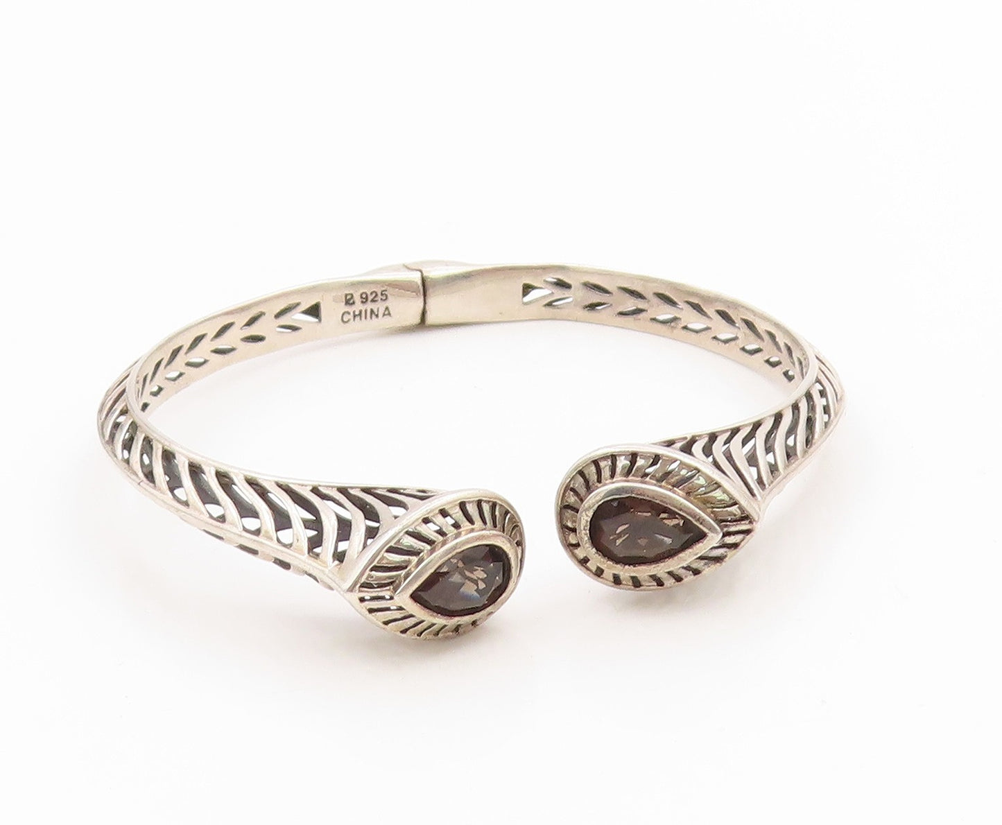 925 Sterling Silver Vintage Bracelet Elegant Pear Cut Smoky Quartz Cuff  BT11801