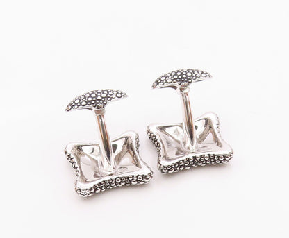 925 Sterling Silver  Shiny Cobble Border Two Tone Square Cuff Links  TR1794