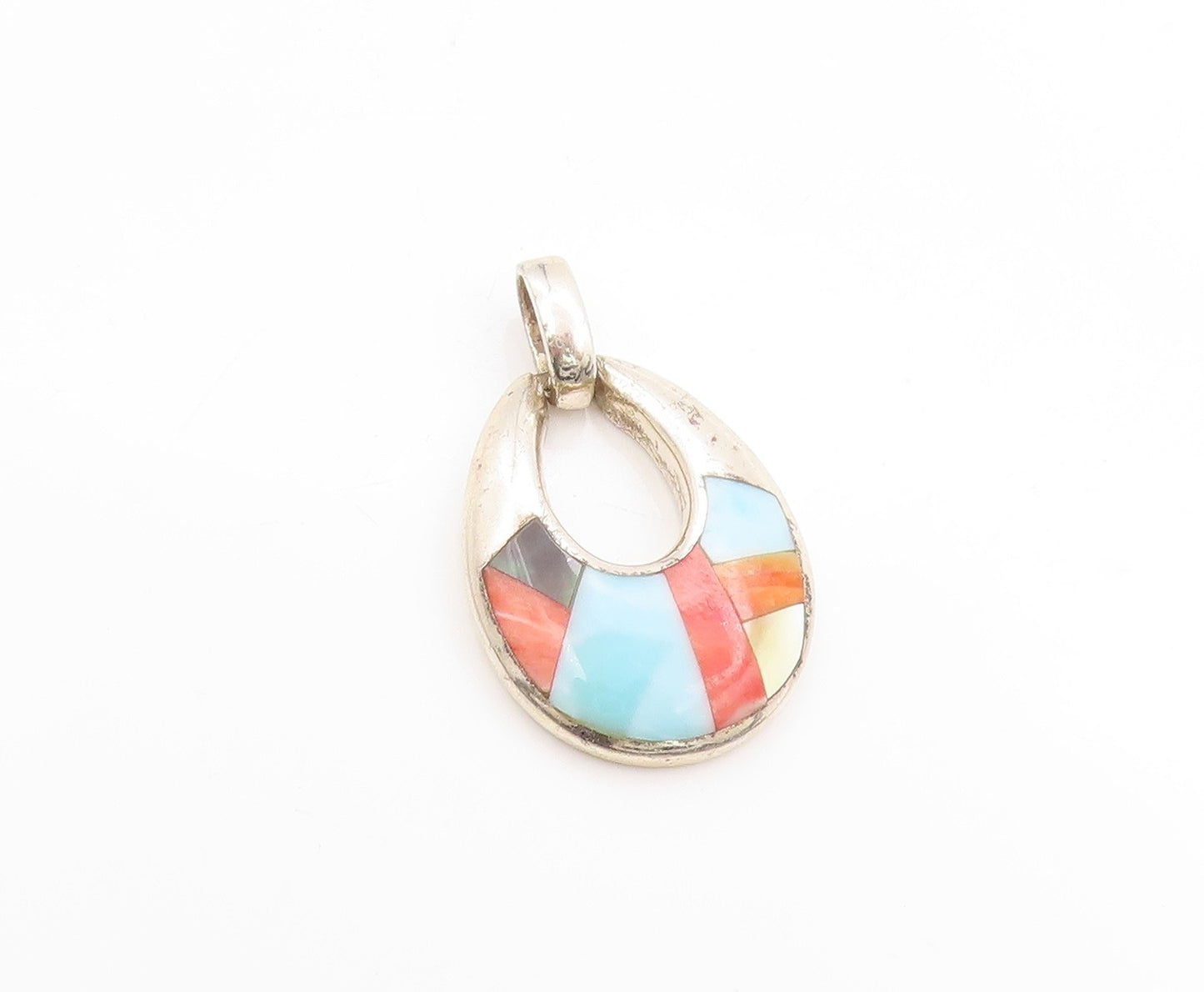 925 Sterling Silver Vintage Pendant Multi Gemstone Inlay Teardrop Charm  PT25147