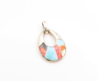 925 Sterling Silver Vintage Pendant Multi Gemstone Inlay Teardrop Charm  PT25147