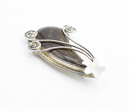 925 Sterling Silver  Vintage Brown Jasper Shiny Spiral Star Pendant  PT3284