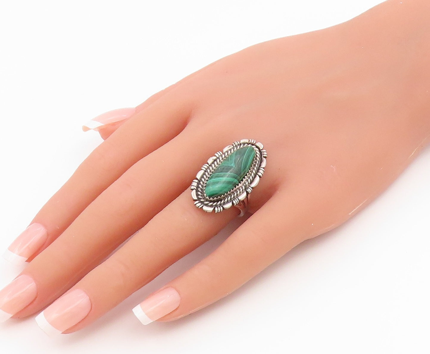 925 Sterling Silver Vintage Ring MERLE HOUSE NAVAJO Malachite  Sz 7.5  RG36794