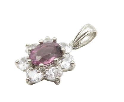 925 Sterling Silver  Vintage Amethyst & Cubic Zirconia Flower Pendant  PT11927