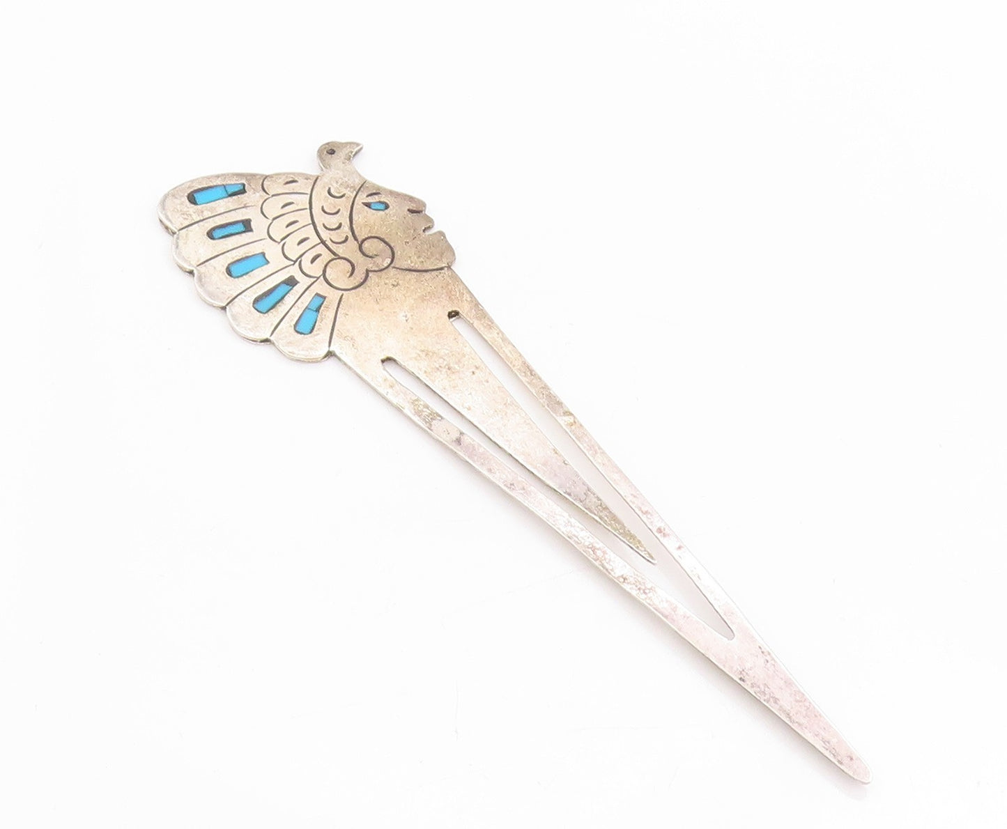 925 Sterling Silver Vintage Book Mark TAXCO Turquoise Inlay Headdress  TR3949