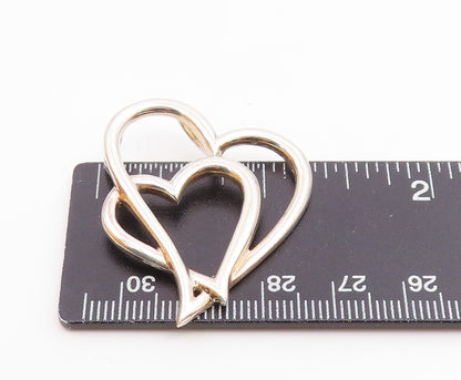 925 Sterling Silver  Vintage Shiny Smooth Open Love Hearts Pendant  PT13944