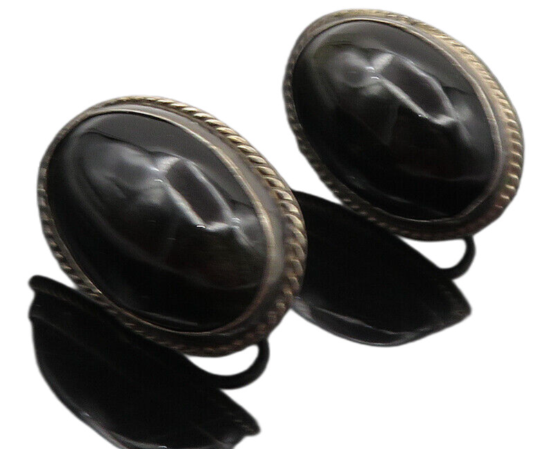 925 Sterling Silver  Vintage Cabochon Black Onyx Non Pierce Earrings  EG4767