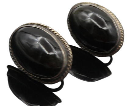925 Sterling Silver  Vintage Cabochon Black Onyx Non Pierce Earrings  EG4767