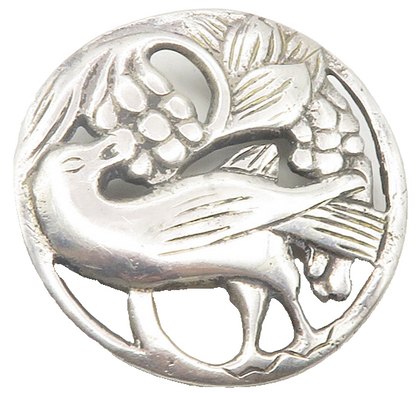 MEXICO 925 Silver  Vintage Shiny Bird Grape Vine Scene Brooch Pin  BP4448
