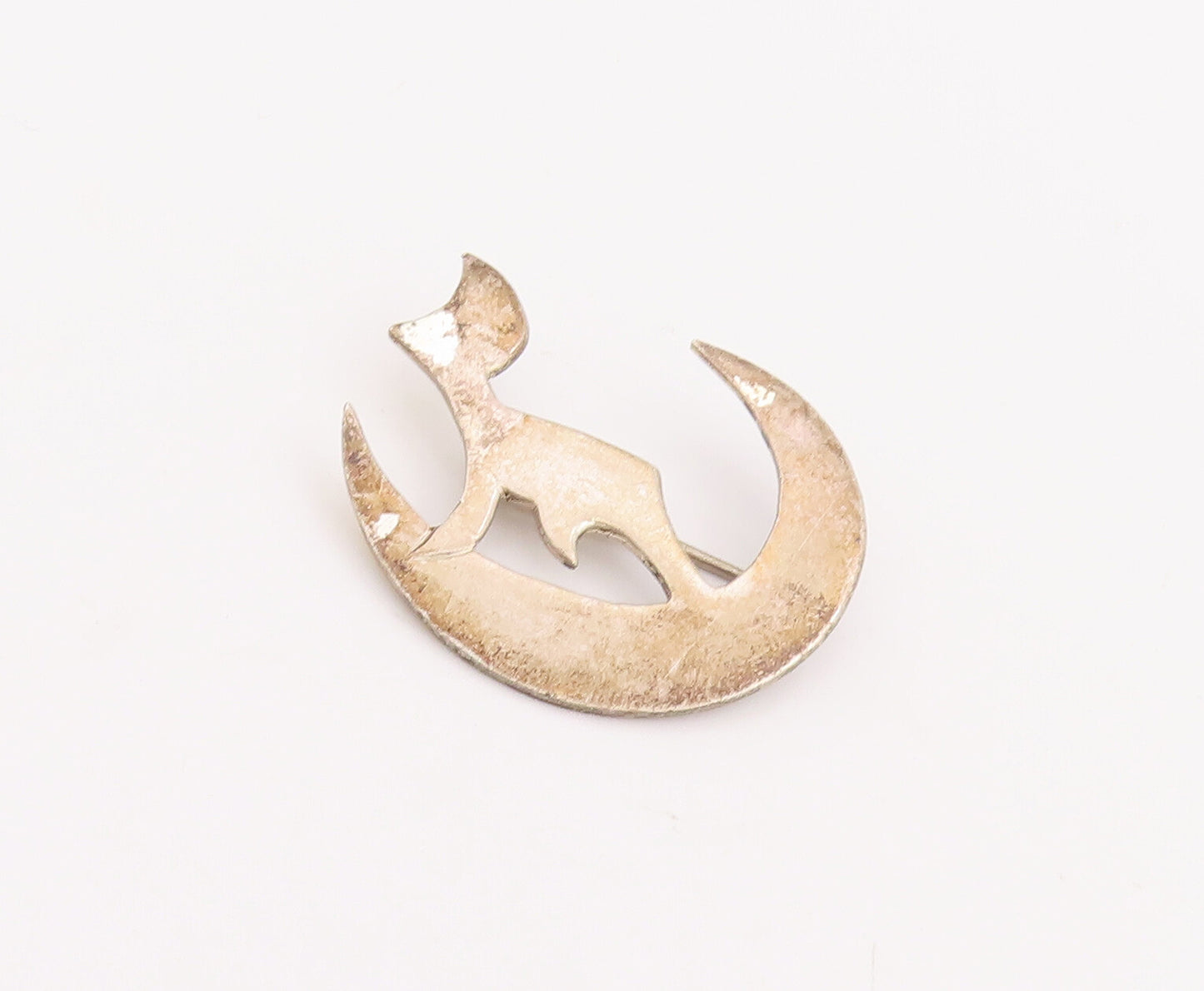 925 Sterling Silver Vintage Brooch Pin Cutout Howling Wolf On Moon  BP11024