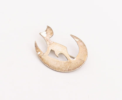 925 Sterling Silver Vintage Brooch Pin Cutout Howling Wolf On Moon  BP11024