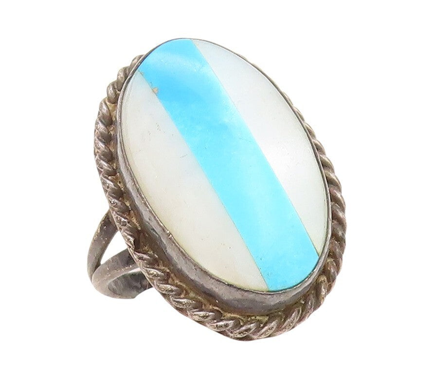 925 Sterling Silver Vintage Ring Dark Tone Modernist Gemstone  Sz 8  RG31278