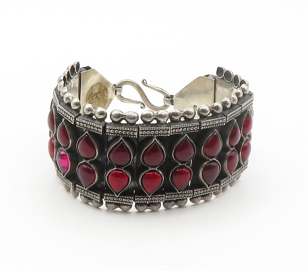 925 Sterling Silver  Vintage Garnet Floral Detail Hinge Chain Bracelet  BT5976