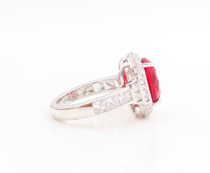 925 Sterling Silver Vintage Ring Oval Cut Red Halo White Topaz  Sz 7  RG30730