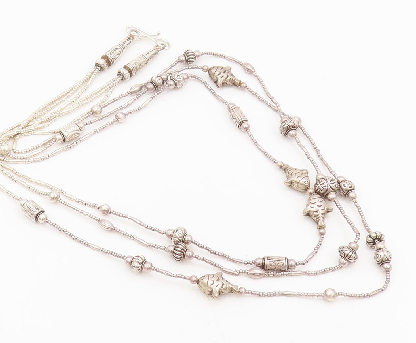 925 Sterling Silver  Vintage Etched Charm Beaded 3 Link Chain Necklace  NE4164