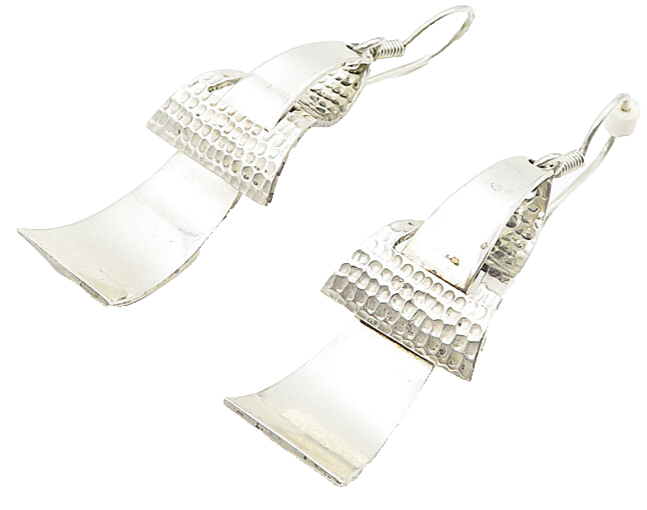 MEXICO 925 Silver  Vintage Shiny Hammered Detail Dangle Earrings  EG3961