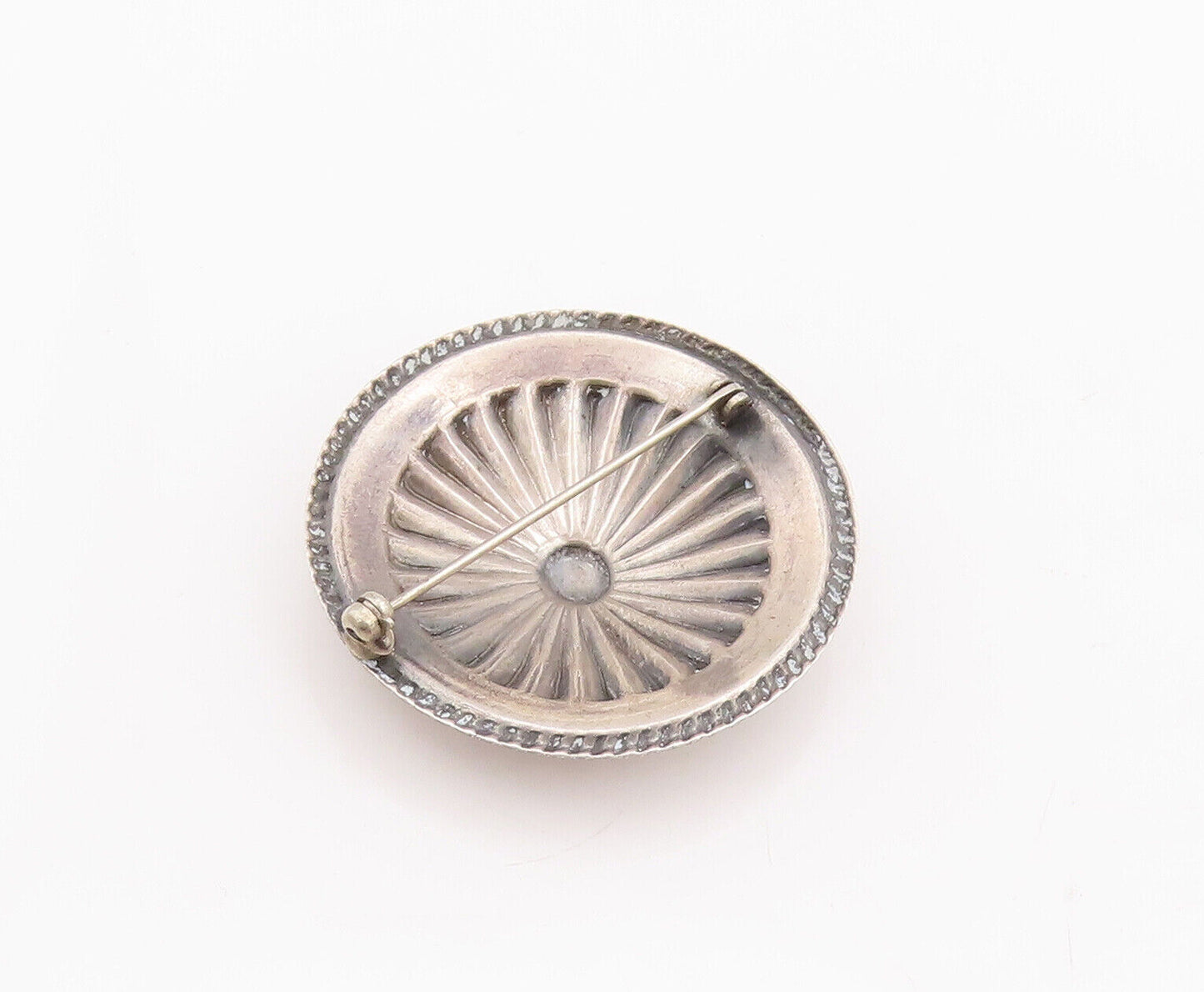 925 Sterling Silver Vintage Brooch Pin Framed Fan Carved Round Flower  BP10888