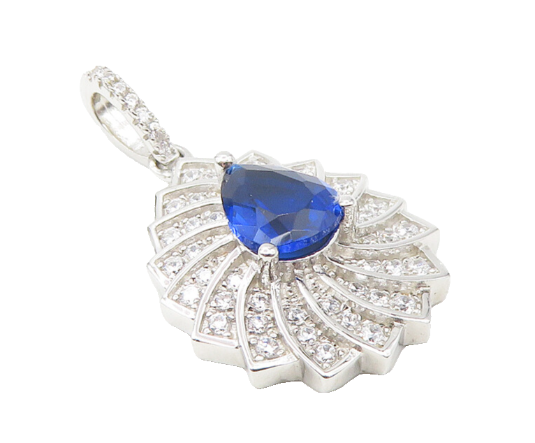 925 Sterling Silver  Prong Set Blue Topaz Shiny Tear Drop Pendant  PT9315