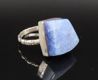 925 Silver  Vintage Cabochon Drusy Quartz & Pattern Band Ring Sz 8  RG26101