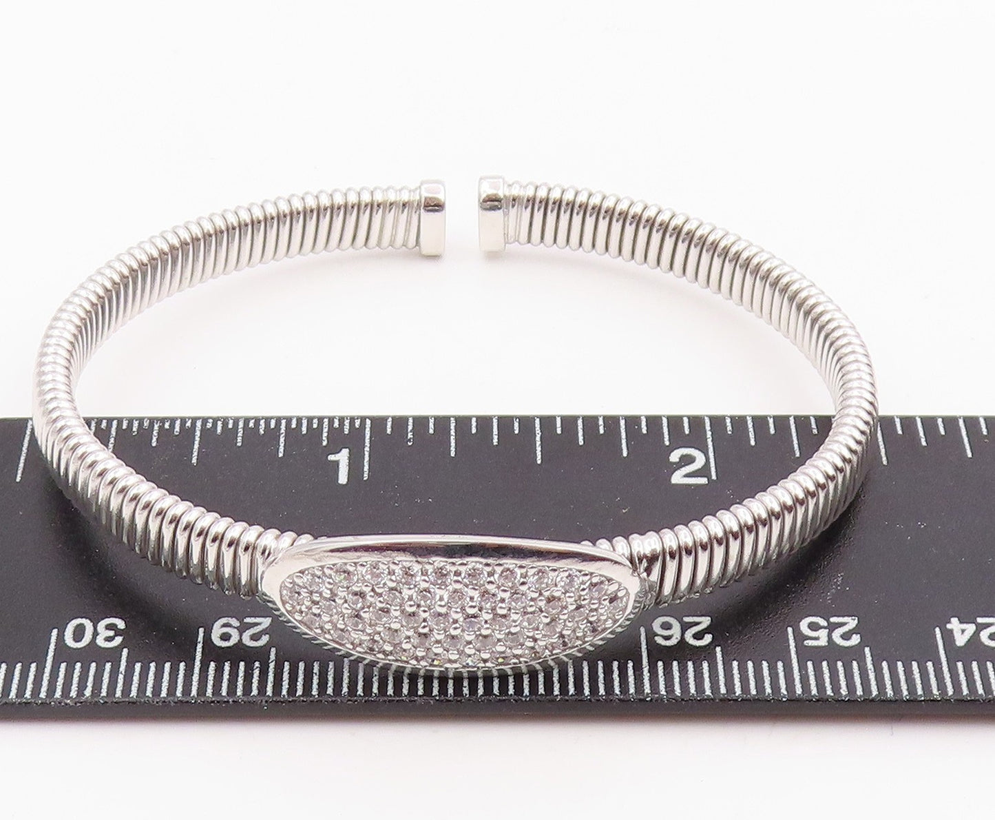 925 Sterling Silver Vintage Bracelet Elegant CZ Cluster Ribbed Cuff  BT11967