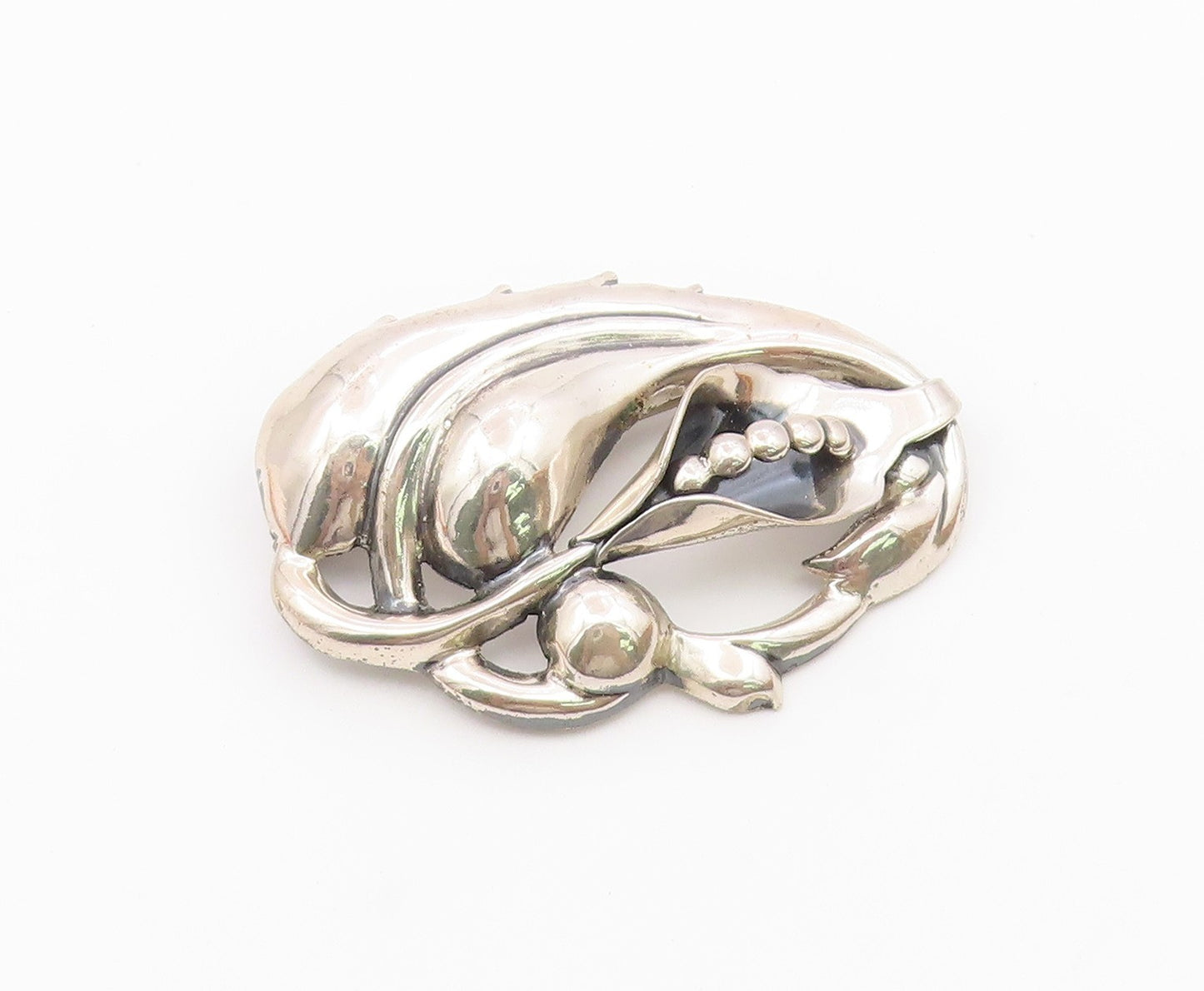 925 Sterling Silver  Vintage Shiny Smooth Flower & Leaf Brooch Pin  BP8119