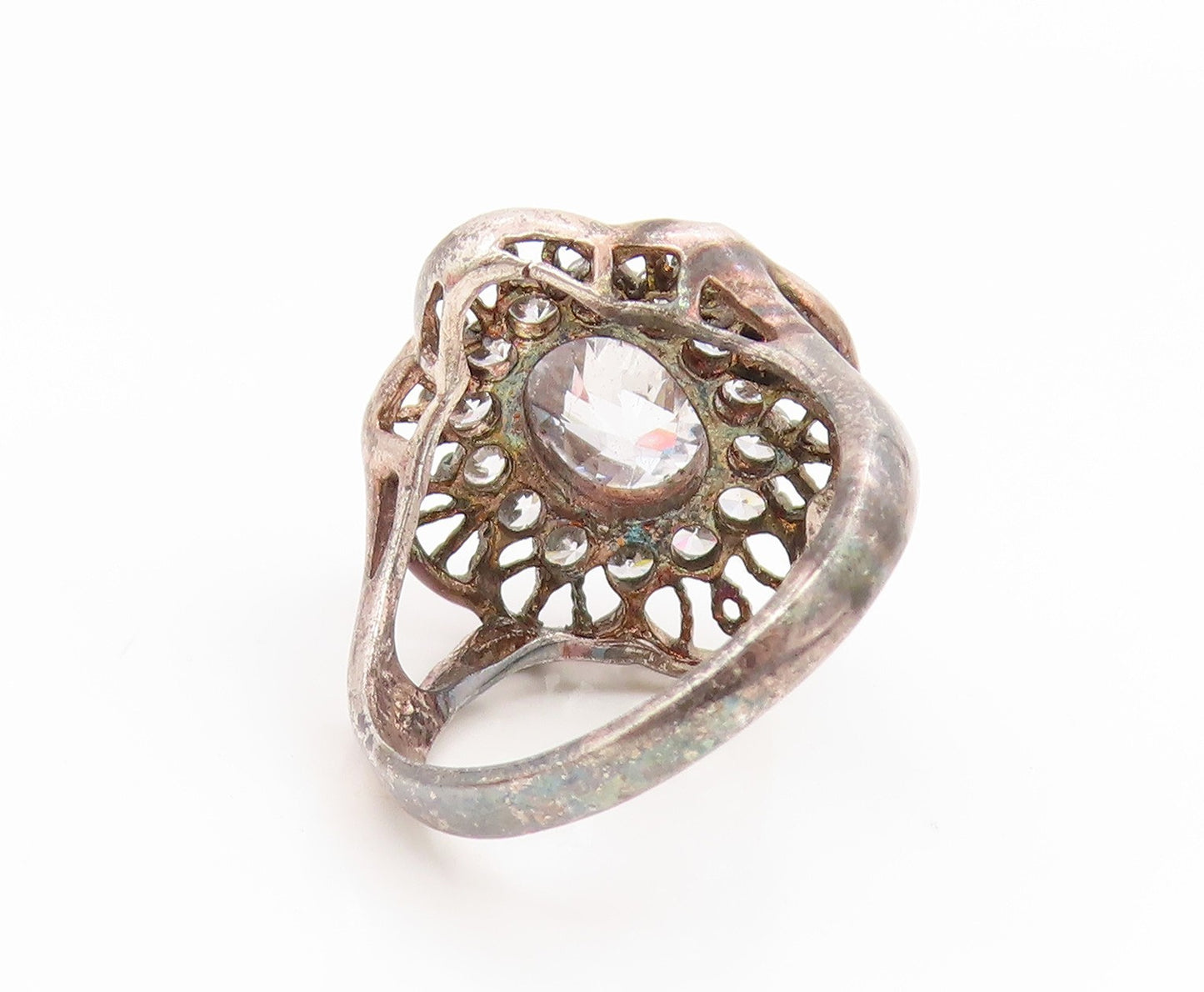 925 Sterling Silver Vintage Ring Elegant CZ Floral Cutout Band  Sz 9  RG35197