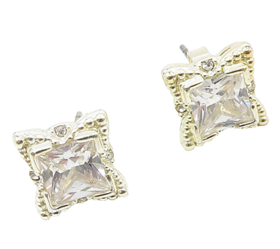 925 Sterling Silver  Vintage Shiny Cubic Zirconia Square Stud Earrings  EG9569