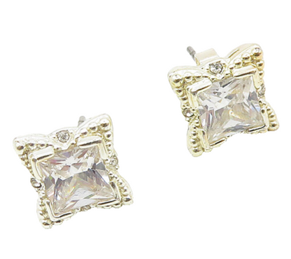 925 Sterling Silver  Vintage Shiny Cubic Zirconia Square Stud Earrings  EG9569