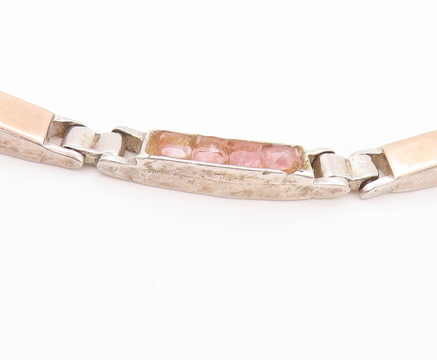 14k Gold 925 Sterling Silver Vintage Necklace Rectangular Pink Gemstone  NE4554