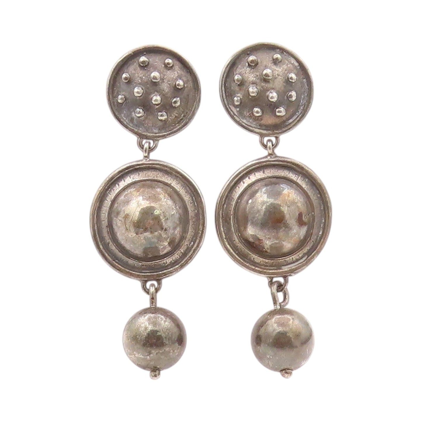 925 Sterling Silver Vintage Earrings Designer Drop Dark Tone Domed  EG13463