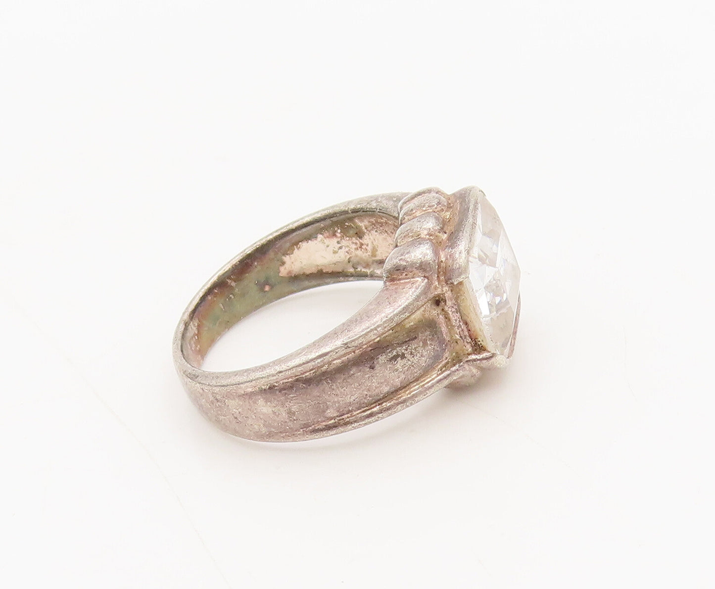 925 Sterling Silver  Vintage CZ Beaded Raised Bordered Ring Sz 6.5  RG27310