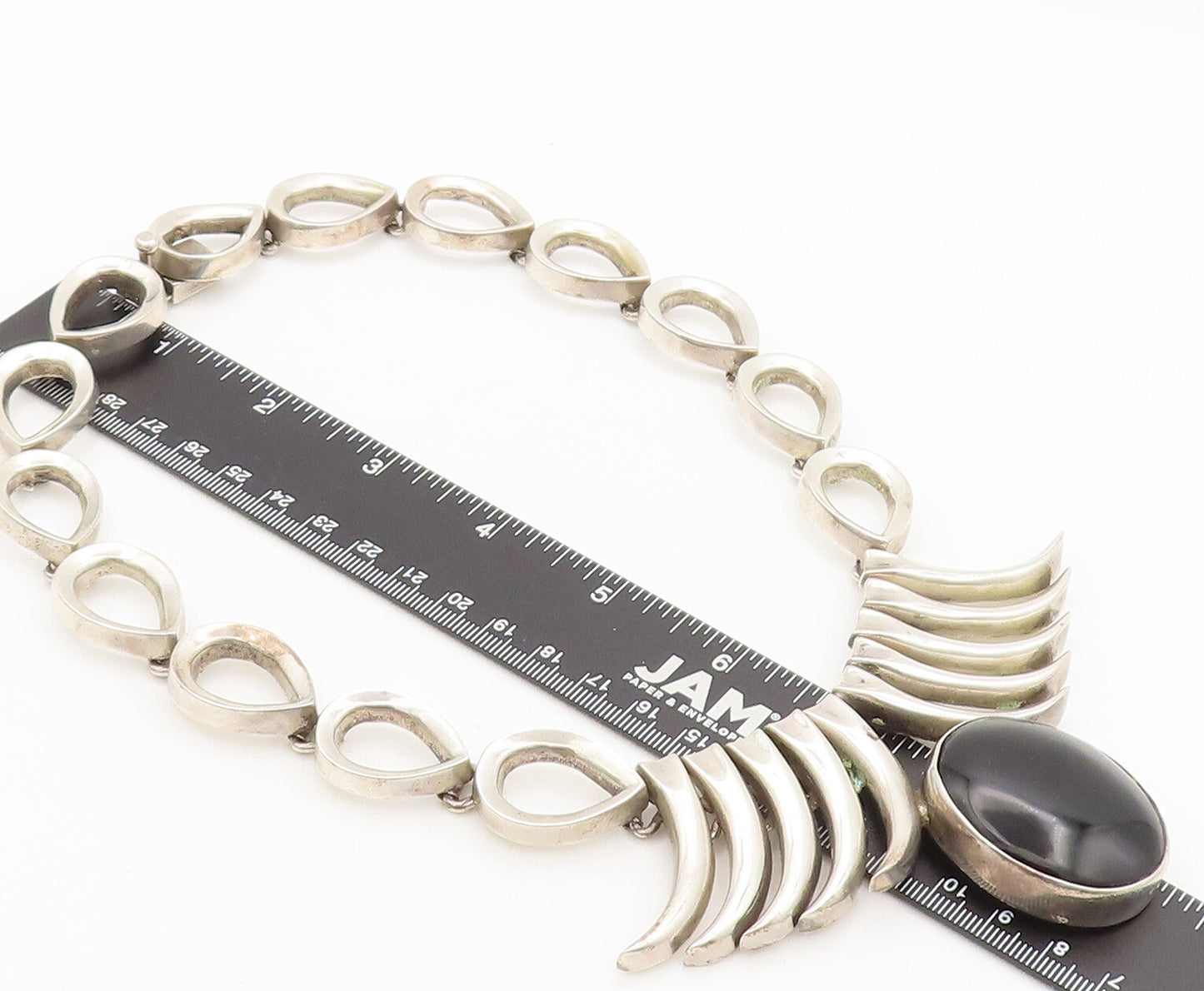 925 Sterling Silver Vintage Necklace MEXICO Animal Teeth Oval Onyx Heavy  NE4228
