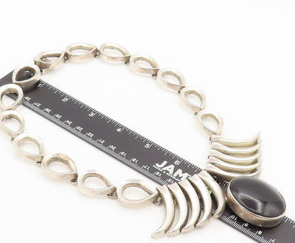 925 Sterling Silver Vintage Necklace MEXICO Animal Teeth Oval Onyx Heavy  NE4228