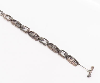 925 Sterling Silver Vintage Bracelet Solid Carved Flower Motif Link  BT10191