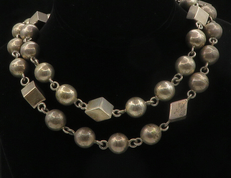 MEXICO 925 Silver  Vintage Dark Tone Smooth Beaded Chain Necklace  NE2290