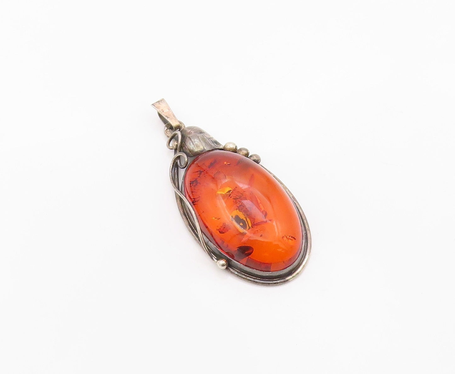925 Sterling Silver Vintage Pendant POLAND Cabochon Amber Leaf & Berry  PT26354