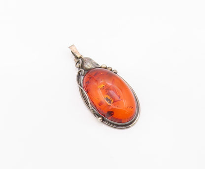 925 Sterling Silver Vintage Pendant POLAND Cabochon Amber Leaf & Berry  PT26354