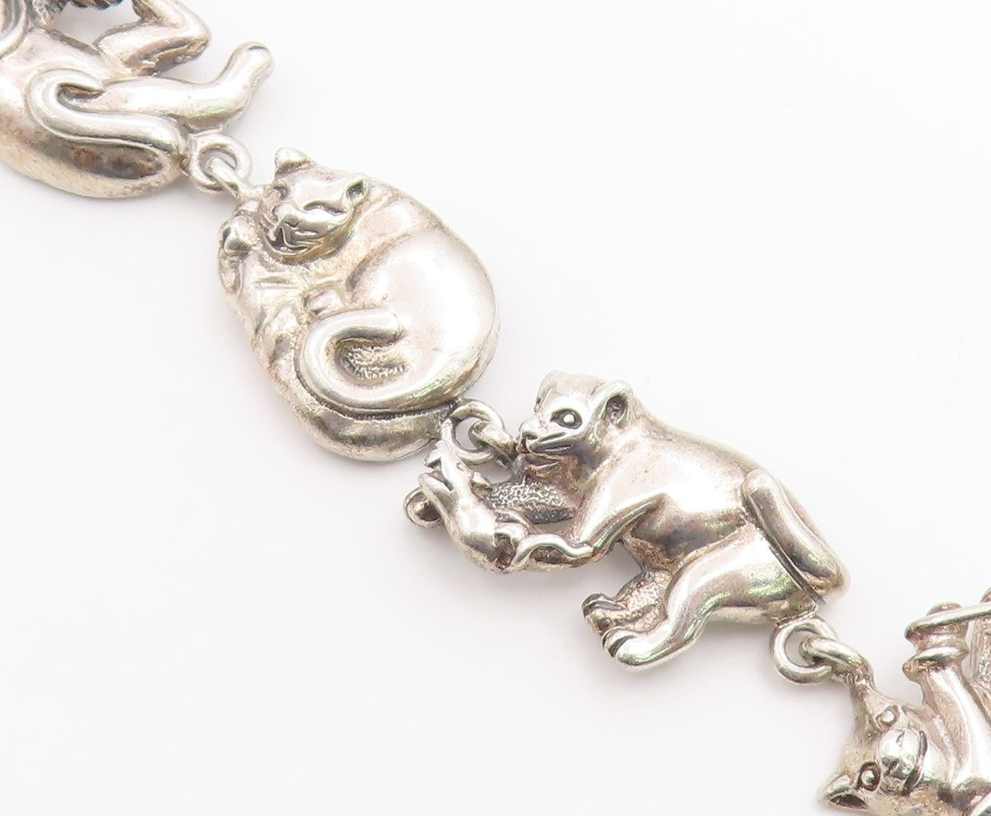 925 Sterling Silver Vintage Bracelet MEXICO Figural Playing Cats Link  BT12046