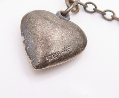 925 Sterling Silver Vintage Necklace Etched Love Heart Charm Motif Chain  NE4832
