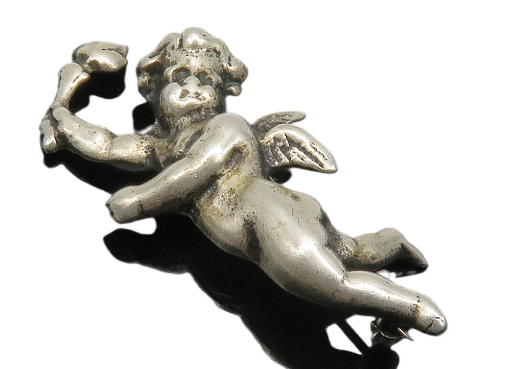 925 Sterling Silver  Vintage Sculpted Baby Angel With Torch Brooch Pin  BP5907