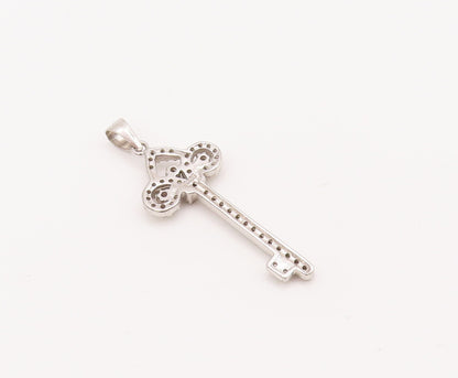 925 Sterling Silver Vintage Pendant Swirly Cutout Carved CZ Inlay Key  PT23102