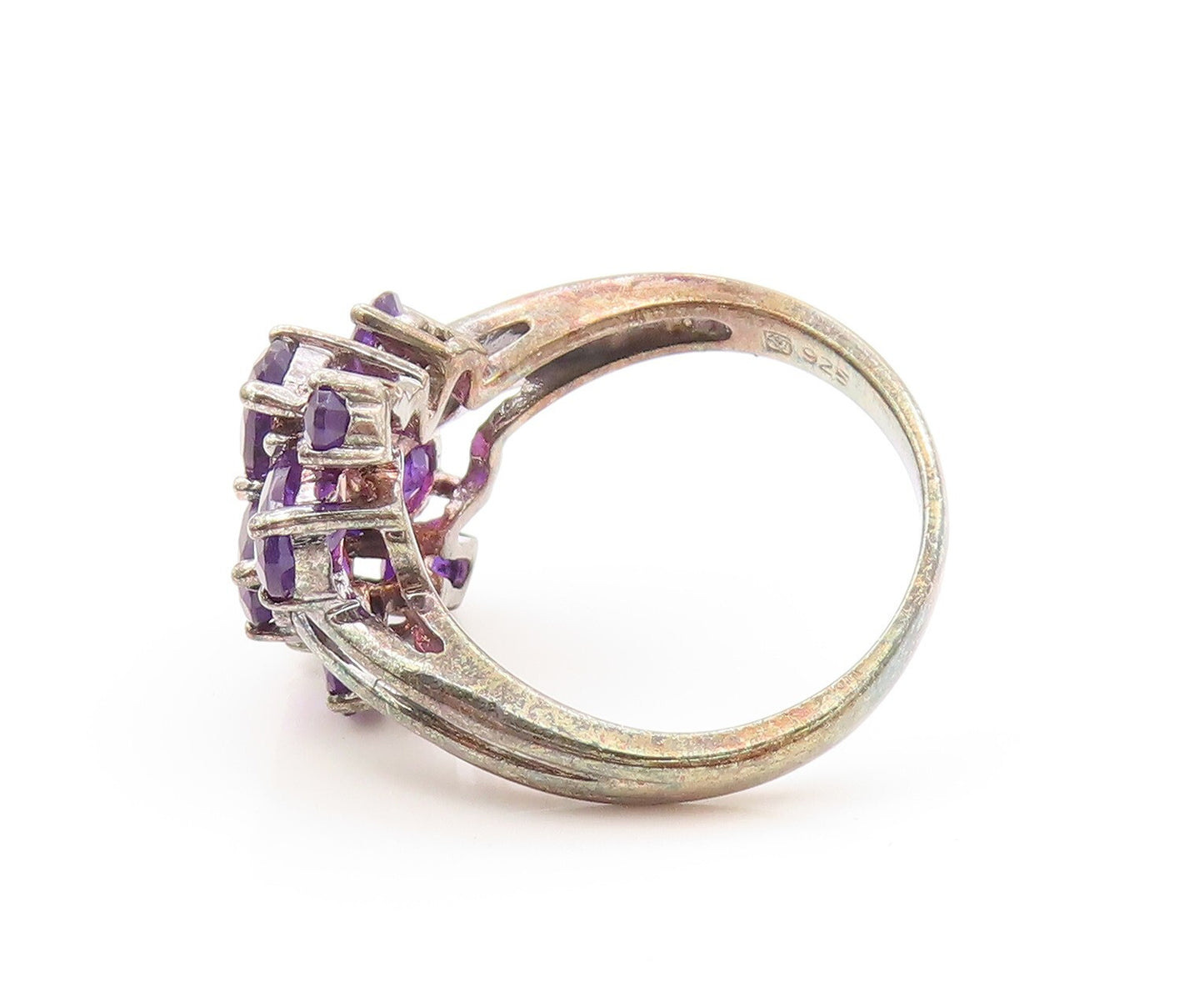 925 Sterling Silver Vintage Ring Dark Tone Oval Amethyst Cluster  SZ 8  RG31950